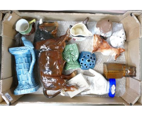 Tray lot to include Wade Carlton ware Beswick Sylvac etc: Wade jug, Tetley tea man, boxed tortoise, Sylvac large Bison (hairl