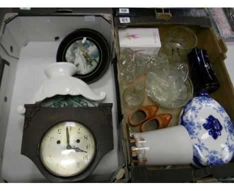 A mixed collection of items to include: early Blue &amp; White Tureen, Glassware, Oak cased mantle clock etc ( 2 trays) 