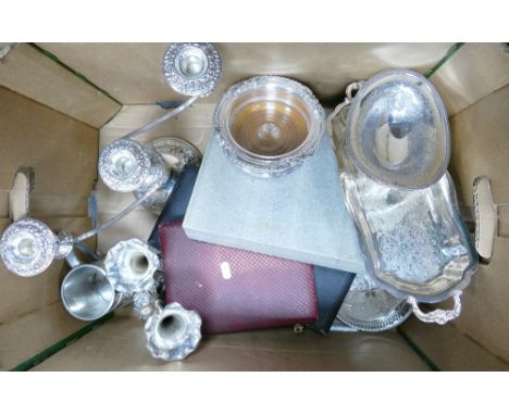 Silver plated items to include: trays, vases, candlestick, cased spoons and cutlery set etc 