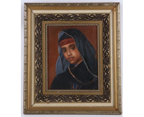 An oil painting portrait of an Arab boy in traditional dress, 23 x 18cm.