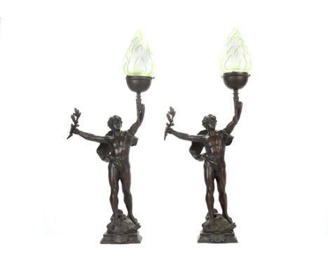 AFTER&nbsp;LOUIS AUGUSTE MOREAU, (FRENCH, 1855-1919): A PAIR OF EARLY 20TH CENTURY SPELTER FIGURAL LAMP BASESeach modelled as