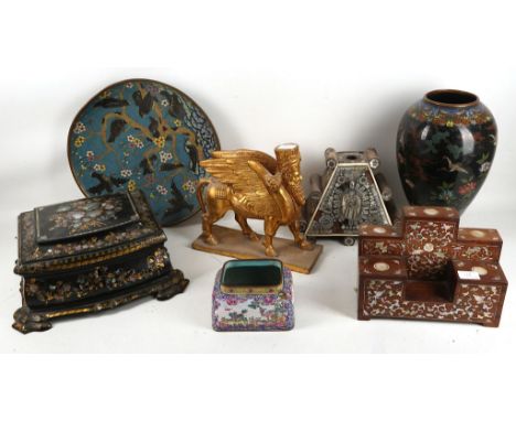A Victorian papier mache sewing box with mother of pearl inlay, a Mesopotamian gilt metal animal, three items of cloisonne, a
