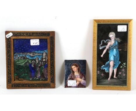 Three enamel plaques (possibly Limoges) to include 'Christ and Disciples', 'A Maiden gleaning corn', and an unframed example 