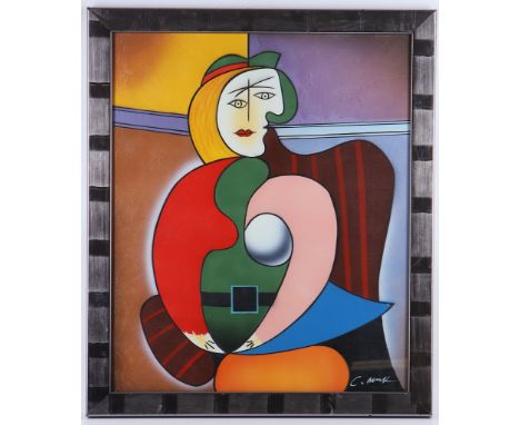 Homage to Pablo Picasso, a studio image portrait of a seated woman in abstract, 58,5 x 48cm.