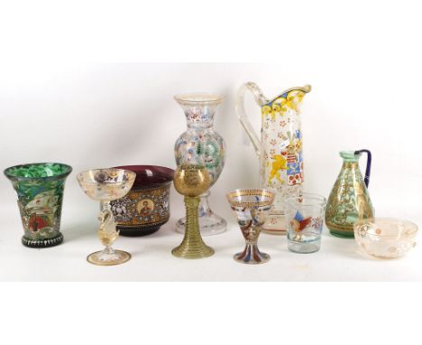 A collection of 19th c Venetian and continental enamel decorated glassware to include vases,bowls jugs and stemware.