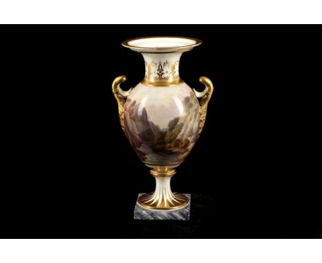 An early Granger Lee - Worcester campana form twin handled vase, painted with views of Dugdale, Derbyshire, Greta Hall and Ke