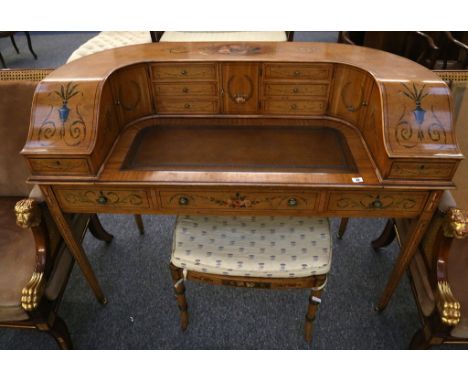 A Carlton House satinwood desk with painted decoration, sold with a matching stool (2).
