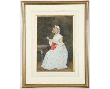 E. JACKSON fl. 1870's, British school. 'The Seamstress'. Portrait of a young woman in a white floral dress, darning with red 
