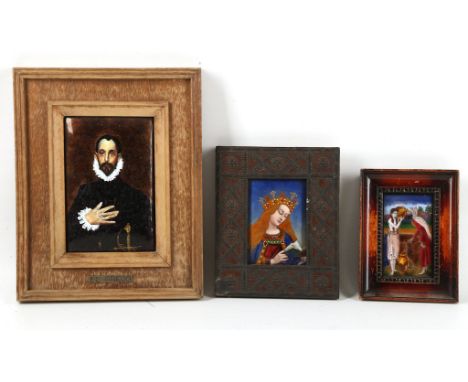 Three framed Limoges type enamel plaques of El Greco, Sarah at the well, and a queen with book (3).