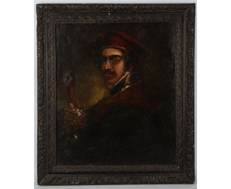 Circa 19th Century, Oil on canvas portrait of a soldier with sword. Framed. A/F.