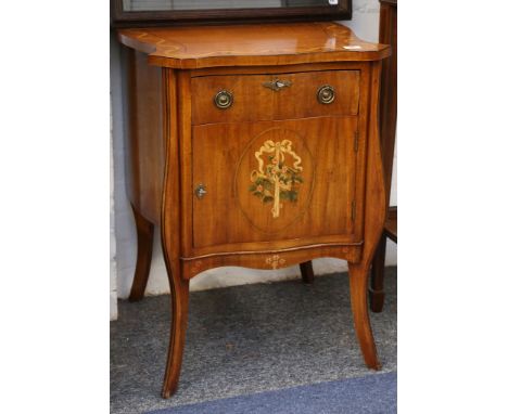 A marquetry inlaid mahogany commode, shaped sides and front having single drawer over one drawer.