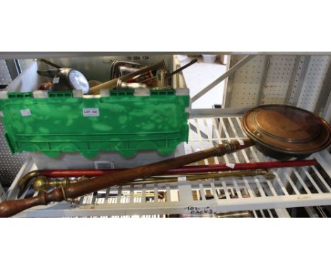 A crate containing a quantity of metalwares, together with a walking stick, bedpan, etc