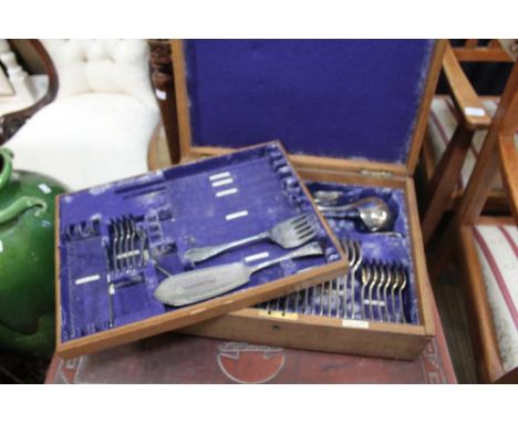 A wooden canteen of Mappin &amp; Webb silver plated cutlery (knives have been removed)