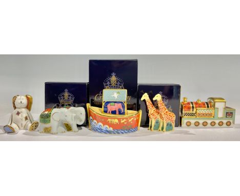 A Royal Crown Derby Treasures of Childhood Noah's Ark, pair of elephants and giraffes, all boxed; two others, Floppy Bunny an