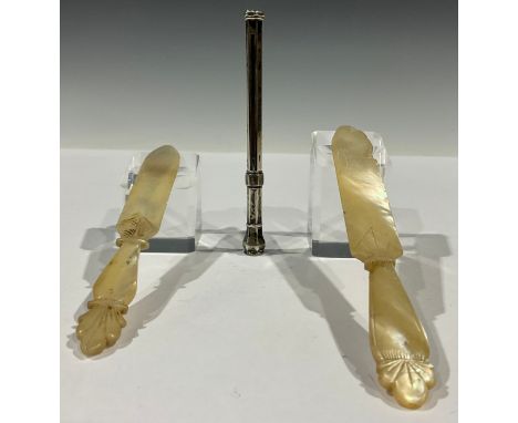 Sampson Mordan - a 19th century silver coloured metal propelling pencil; two mother of pearl letter knives (3) 