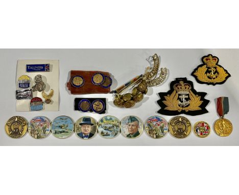 Badges &amp; Medals - a WWI European War 1914-1919 peace medal; a D-Day 50th Northumbrian Division coin; a collection of eigh