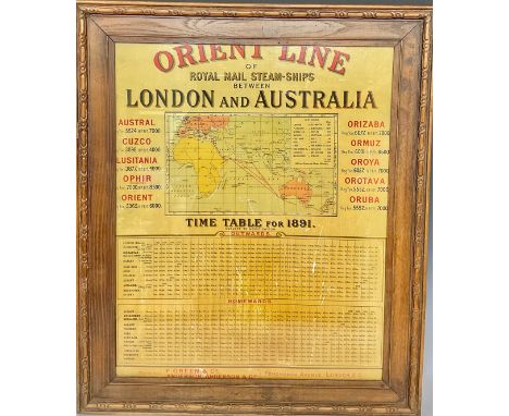 Shipping - a timetable, Orient Line of Royal Mail steam-ships between London and Australia, polychrome lithograph, 53.5cm x 4