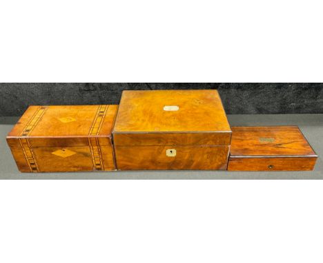 A Victorian walnut and parquetry tea caddy, c.1870; a Victorian walnut rectangular work box, c.1880; another, rosewood (3) 