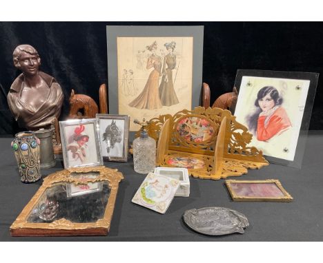 An Art Deco style bust, Ramona; a print Weiner Mode Album; a pair of carved wooden horse bookends; Art Deco photograph frame;