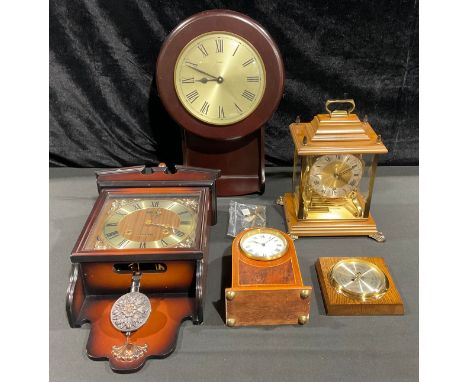 A mahogany inlaid dome shaped mantel clock; a wall clock; a reproduction bracket clock; other clocks; a barometer (5) 