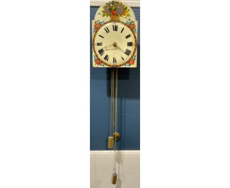 Clocks - a 19th century French provincial wall clock or postman’s alarm clock, hand painted with flowers, Roman numerals, bra