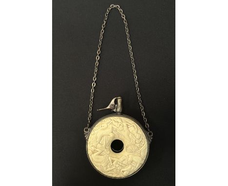 Japanese Powder Flask. Approx. 100mm in diameter. Chain length approx. 23cm. Resin decoration with erotic design. 