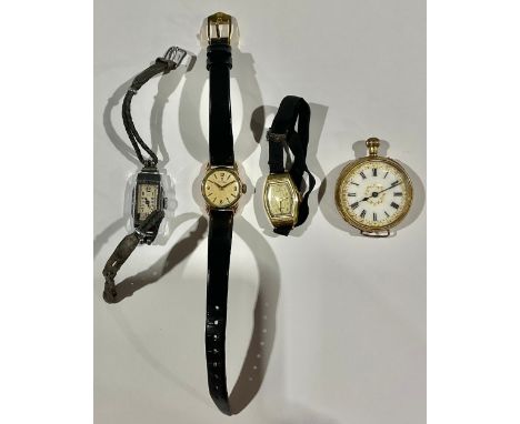 An 18k gold fob watch, Roman numerals to dial; an Omega wristwatch; an Art Deco style cocktail watch; etc 