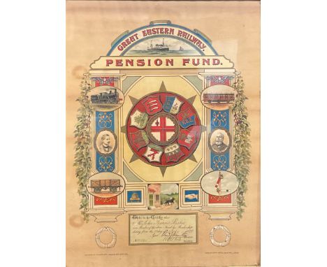 Railwayana - a Victorian certificate, Great Eastern Railway Pension Fund, named to Mr John Francis Roskell, polychrome lithog