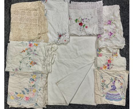 Textiles - hand embroidered linen table cloths, including English Country Garden Flowers, Cross Stitch, Crinoline Lady, an em