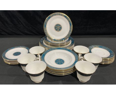 Ceramics - a Royal Doulton Carlyle pattern tea set for six, comprising tea cups, saucers, soup bowls, cake plates, salad plat