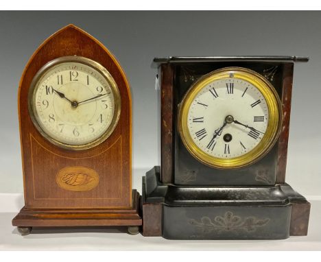 An Edwardian mahogany lancet mantel clock, outlined with boxwood stringing, Arabic numerals, ball feet, 23cm high; a 19th cen