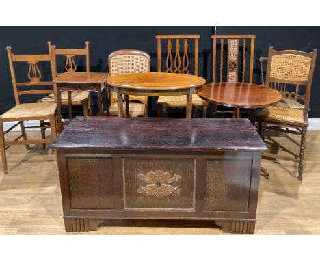 A Regency style mahogany veneered occasional table, brass panther or lion feet, 60.5cm high, 60cm wide; other tables similar;