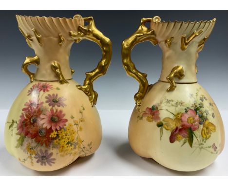 A near pair of Royal Worcester lobed ovoid jugs, printed and painted with colourful summer flowers and foliage, rustic neck w