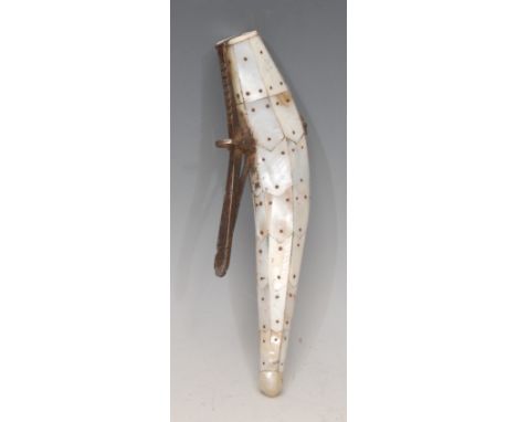 An Indian mother of pearl shot flask, sprung mechanism, Gujarat, 21.5cm long 