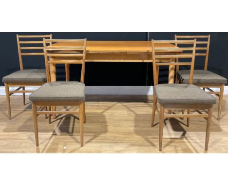 A set of four mid century teak Meredew Furniture ladder back dining chairs, stuffed wool upholstered, 85cm high, the seat 43c