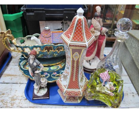 Sadler Novelty Teapot, Plate and Vase, with gilded decoration, resin figures. glass decanter etc:- One Tray