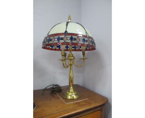 A Contemporary Tiffany Style Stained Glass Three Light Table Lamp, (untested sold for parts only).