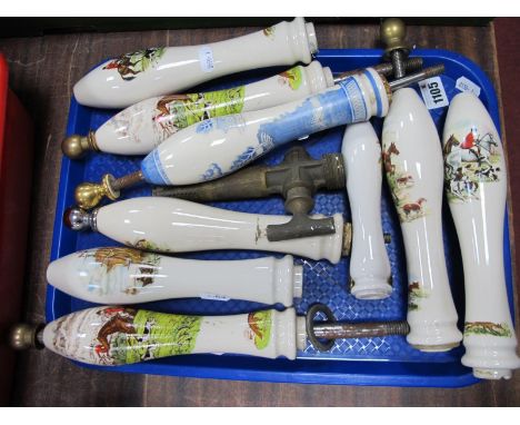 Nine Beer Pump Handles, mostly hunting scenes, blue &amp; white etc.