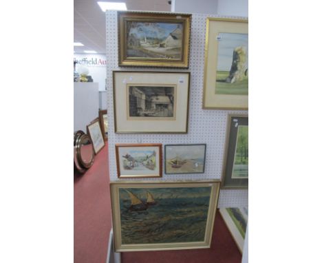 John Grain, Village Scene, oil on board, signed bottom right, Medici Soc, print, internal scene, prints. (5).