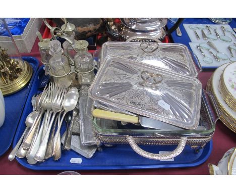Plated Cruet, various bottles, twin warming dishes, chrome cigarette case with integral lighter, cutlery etc:- One Tray.