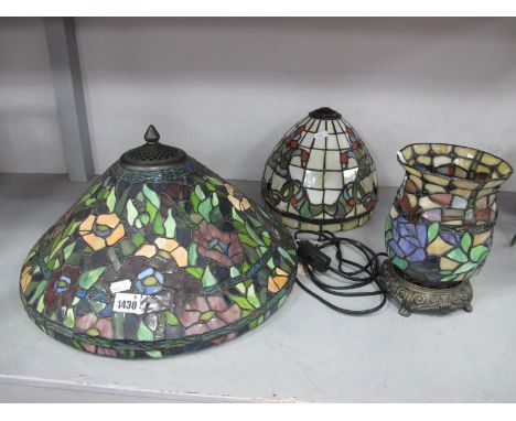 A Large Tiffany Style Stained Glass Shade, approximately 45cm diameter, small table lamp, and another similar shade.