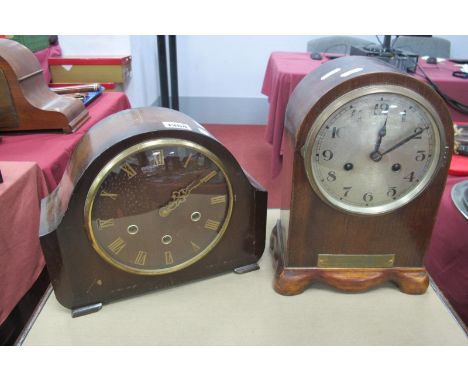 An Oak Cased Mantle Clock, with brass plaque to Mr G Booth, along with a Smiths Mantle Clock.