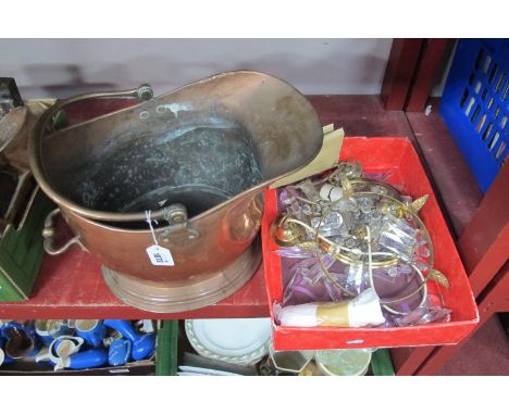 XIX Century Copper Coal Helmet; two crystal chandelier style light fittings with faceted drops. (2)