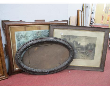 E, Keene, 'A Cloudy Morning' Sepia Print, 34.5 x 52.5cm, another garden scene in shared oak frame, an oval frame (3).