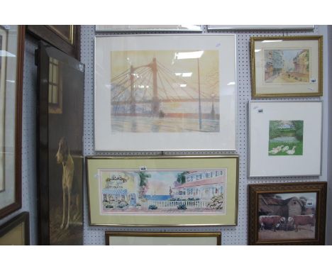 Derek Mynott (1925 - 1994), Albert Bridge, coloured print 205 of 350, signed lower right, 40.5 x 53.5cm, together with Emily 
