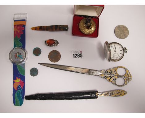 Scottish Gilt Metal Thistle Brooch, 925 brooch, silver pocket watch, Swatch watch.