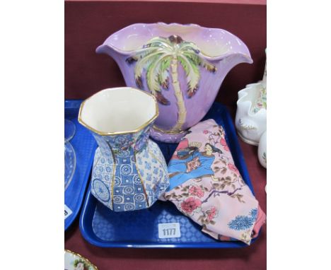 A Vintage Beswick Palm Tree Vase, numbered 1069, in mauve; A Masons Empress blue and white octagonal vase and a decorative la