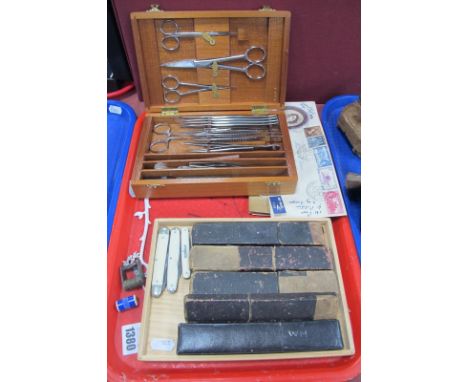Five Ivorine Backed Cutthroat Razors (cased), field medical instrument set  in wooden case, penknives including Johnson &amp;
