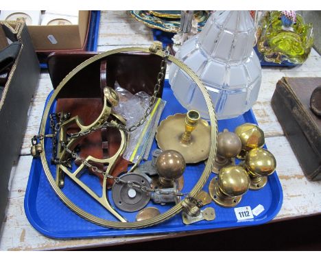 Brass Door Knobs, frosted glass light shade, mahogany wall bracket, etc:- One Tray.