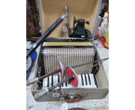 A Cased Bell Accordion, Kodak camera, tripod and fencing swords.